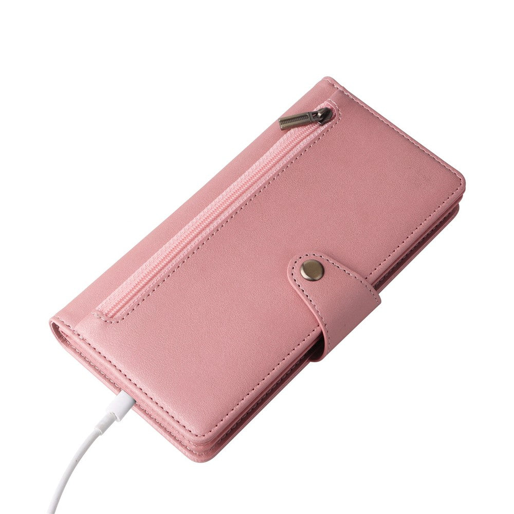 For Samsung Galaxy A23 4G / A23 5G (Global Version) / M23 5G / F23 5G Supporting Stand Wallet Zipper Pocket Phone Cover Rivet Buckle PU Leather Phone Case with Strap - Rose Gold
