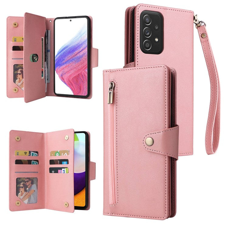 For Samsung Galaxy A53 5G Multiple Card Slots Phone Cover Rivet Buckle PU Leather Phone Case Stand Wallet with Strap - Rose Gold