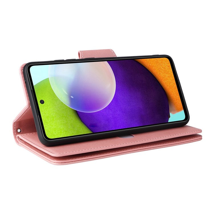 For Samsung Galaxy A53 5G Multiple Card Slots Phone Cover Rivet Buckle PU Leather Phone Case Stand Wallet with Strap - Rose Gold