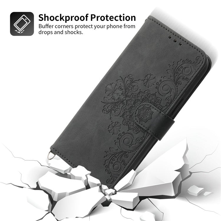 Skin-touch Multiple Card Slots Phone Case for Oppo A17 4G / A17k 4G , Imprinted Flowers Stand PU Leather Wallet Cover with Wrist Strap and Shoulder Strap - Black