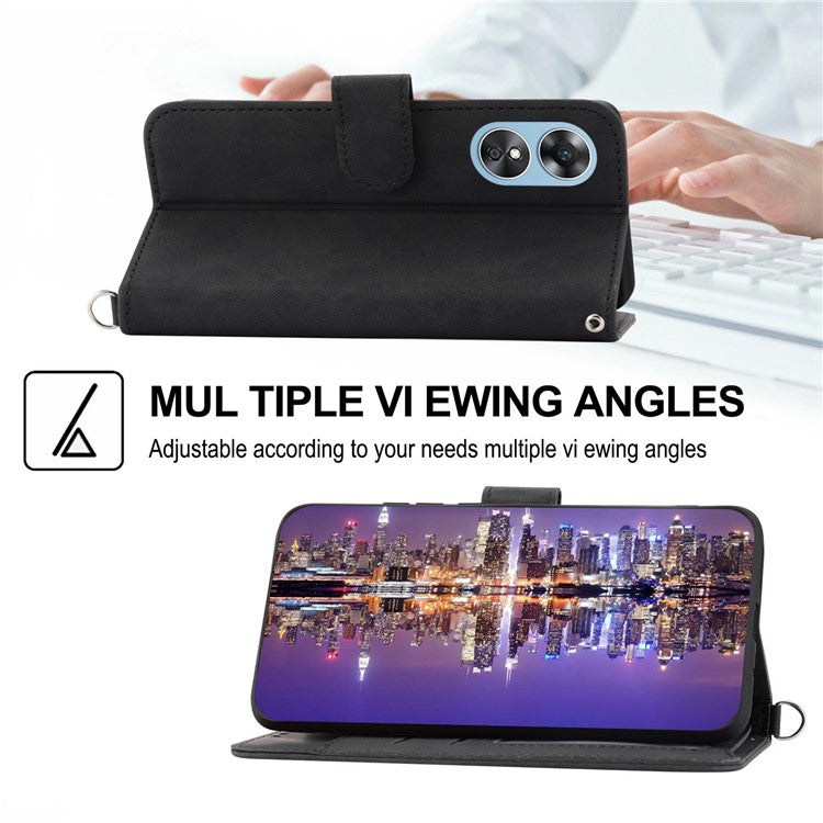 Skin-touch Multiple Card Slots Phone Case for Oppo A17 4G / A17k 4G , Imprinted Flowers Stand PU Leather Wallet Cover with Wrist Strap and Shoulder Strap - Black