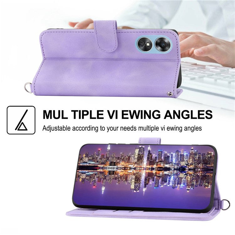 Skin-touch Multiple Card Slots Phone Case for Oppo A17 4G / A17k 4G , Imprinted Flowers Stand PU Leather Wallet Cover with Wrist Strap and Shoulder Strap - Light Purple