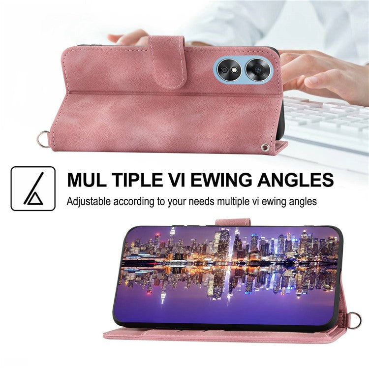 Skin-touch Multiple Card Slots Phone Case for Oppo A17 4G / A17k 4G , Imprinted Flowers Stand PU Leather Wallet Cover with Wrist Strap and Shoulder Strap - Pink
