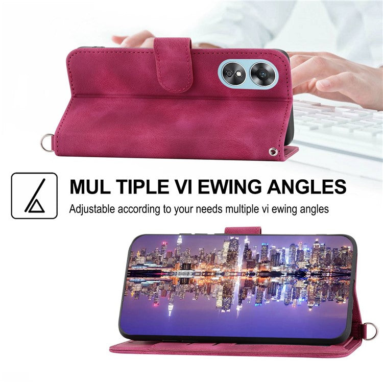 Skin-touch Multiple Card Slots Phone Case for Oppo A17 4G / A17k 4G , Imprinted Flowers Stand PU Leather Wallet Cover with Wrist Strap and Shoulder Strap - Wine Red