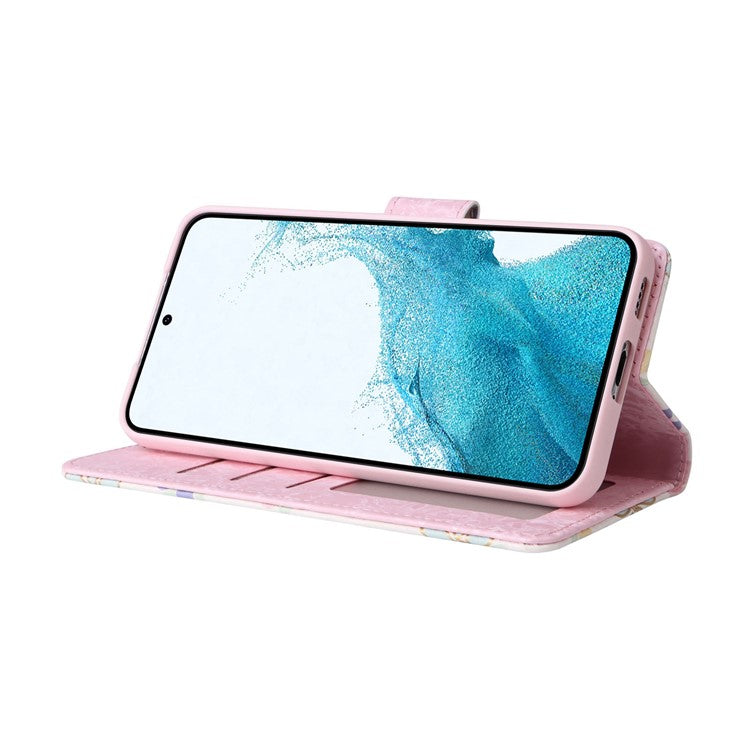 For Samsung Galaxy S23 PU Leather Shockproof Phone Stand Case Stylish Lacquered RFID Blocking Wallet Cover - Colorful Flower
