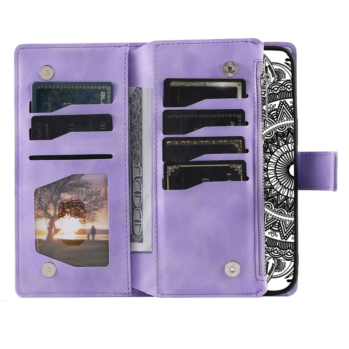 For Samsung Galaxy S20 FE 4G  /  5G  /  S20 FE 2022  /  S20 Lite Zipper Pocket Phone Case, Anti-fall Mandala Flower Imprinted PU Leather Stand Cover Multiple Card Slots Wallet - Purple