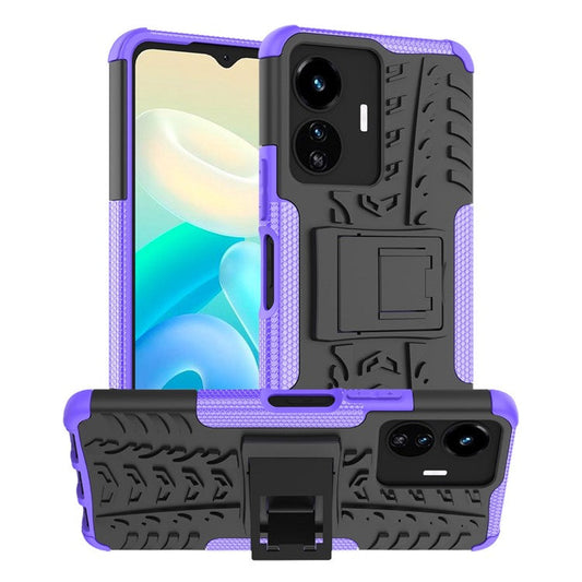 Cell Phone Case for vivo Y77 5G / Y02s 4G, Hard PC+TPU Tires Style Cool Rugged Kickstand Drop Protection Phone Cover - Purple