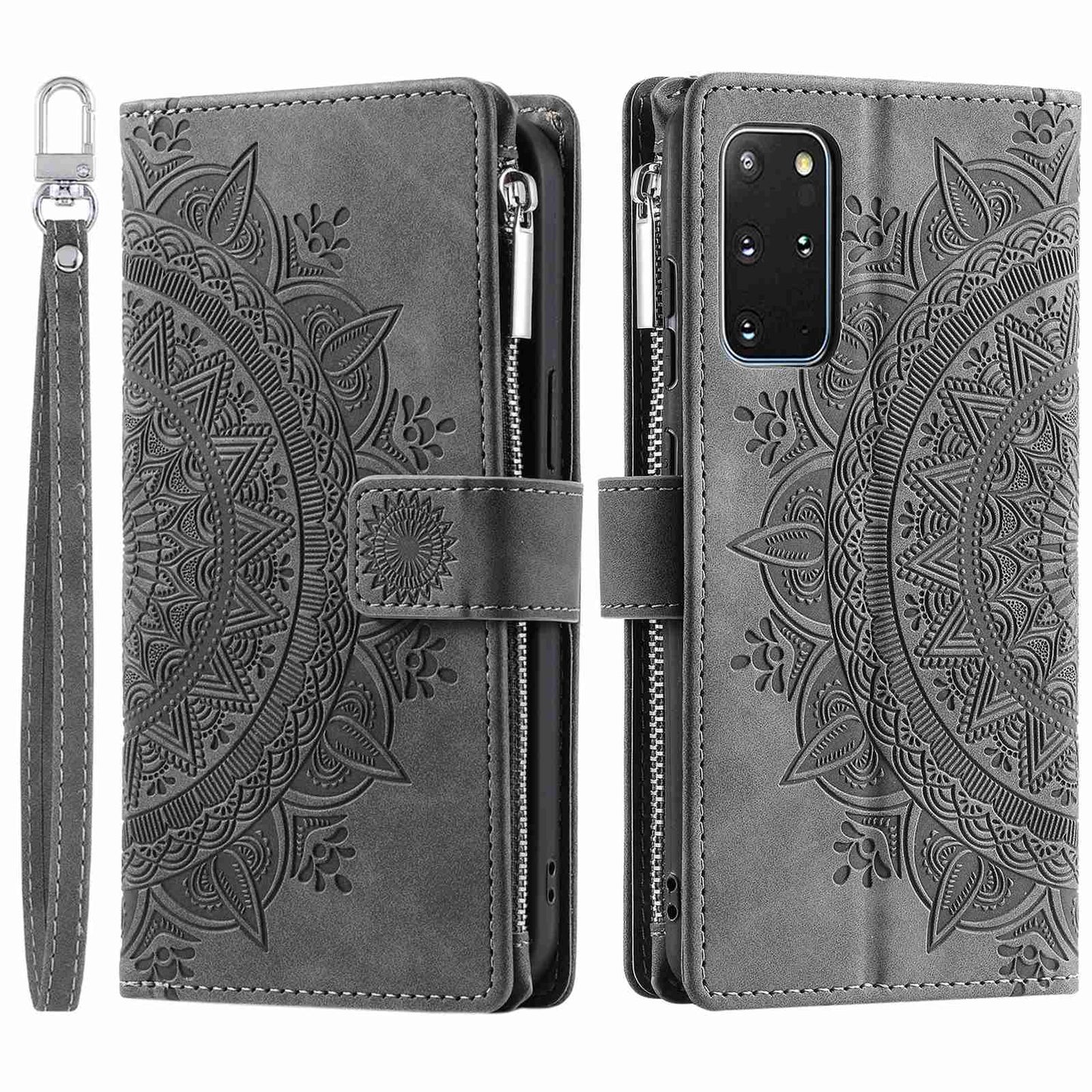For Samsung Galaxy S20 Plus 4G / 5G Anti-scratch Phone Shell Zipper Pocket Mandala Flower Imprinted Multiple Card Slots Wallet PU Leather Stand Cover - Grey