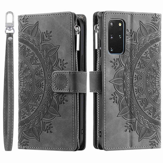 For Samsung Galaxy S20 Plus 4G / 5G Anti-scratch Phone Shell Zipper Pocket Mandala Flower Imprinted Multiple Card Slots Wallet PU Leather Stand Cover - Grey