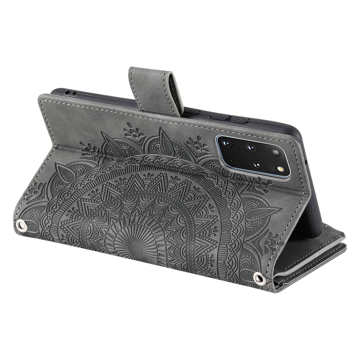 For Samsung Galaxy S20 Plus 4G / 5G Anti-scratch Phone Shell Zipper Pocket Mandala Flower Imprinted Multiple Card Slots Wallet PU Leather Stand Cover - Grey