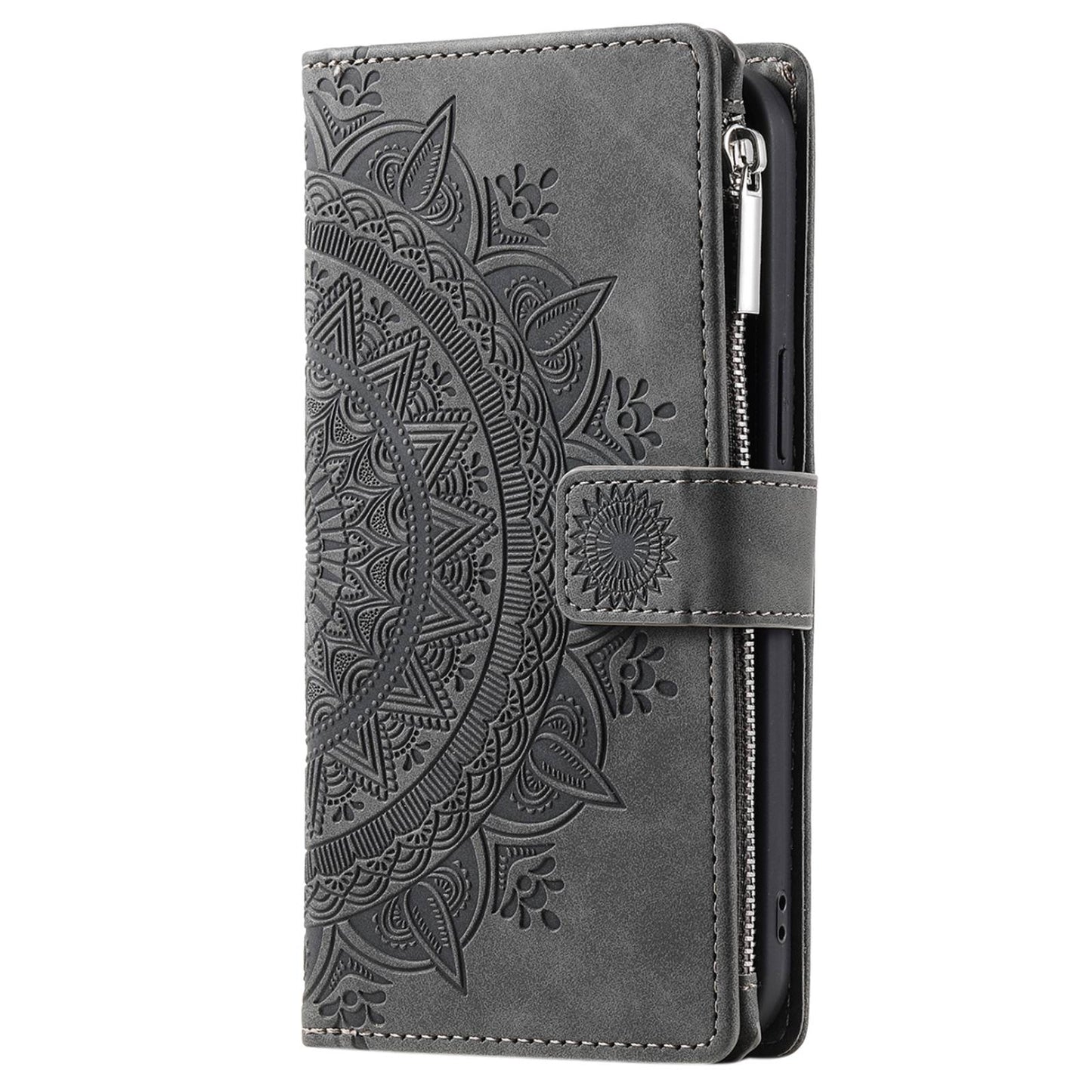 For Samsung Galaxy S20 Plus 4G / 5G Anti-scratch Phone Shell Zipper Pocket Mandala Flower Imprinted Multiple Card Slots Wallet PU Leather Stand Cover - Grey
