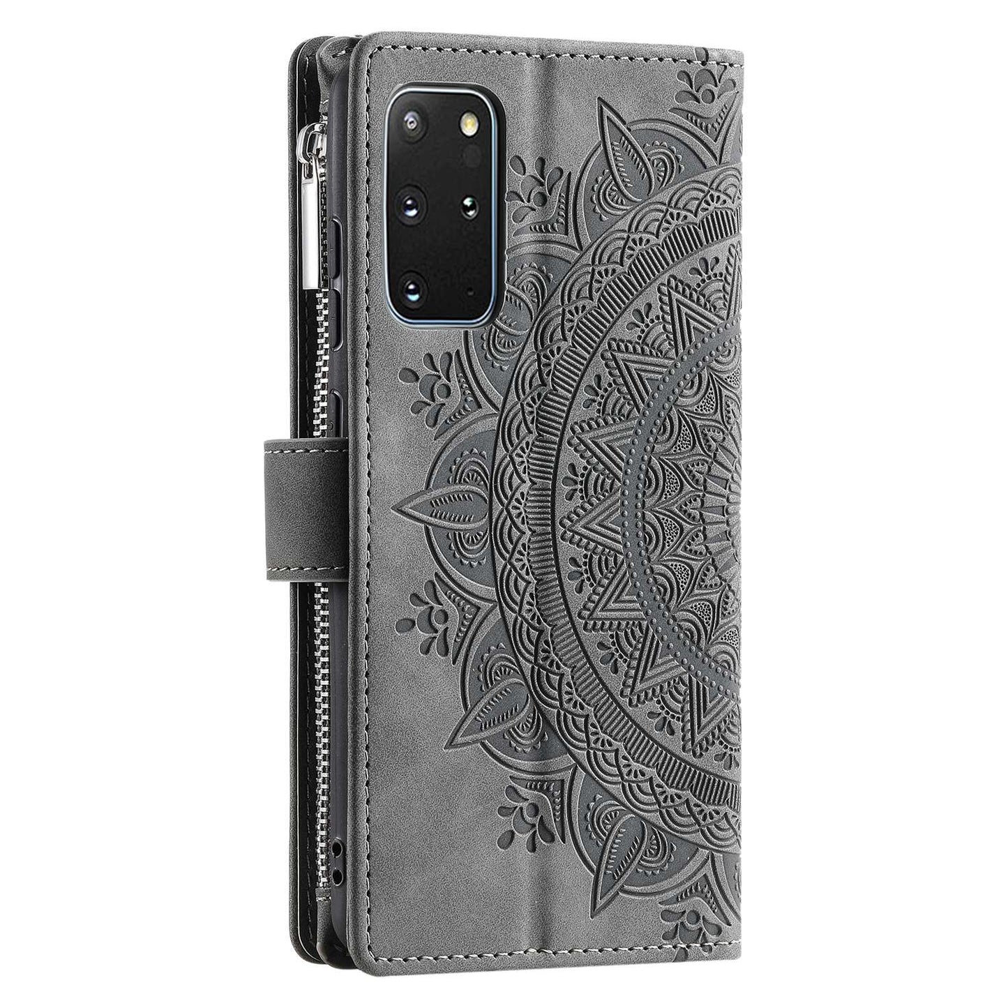 For Samsung Galaxy S20 Plus 4G / 5G Anti-scratch Phone Shell Zipper Pocket Mandala Flower Imprinted Multiple Card Slots Wallet PU Leather Stand Cover - Grey