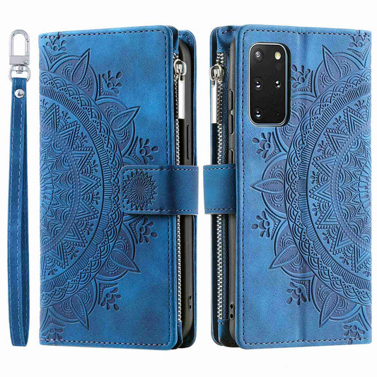 For Samsung Galaxy S20 Plus 4G / 5G Anti-scratch Phone Shell Zipper Pocket Mandala Flower Imprinted Multiple Card Slots Wallet PU Leather Stand Cover - Blue