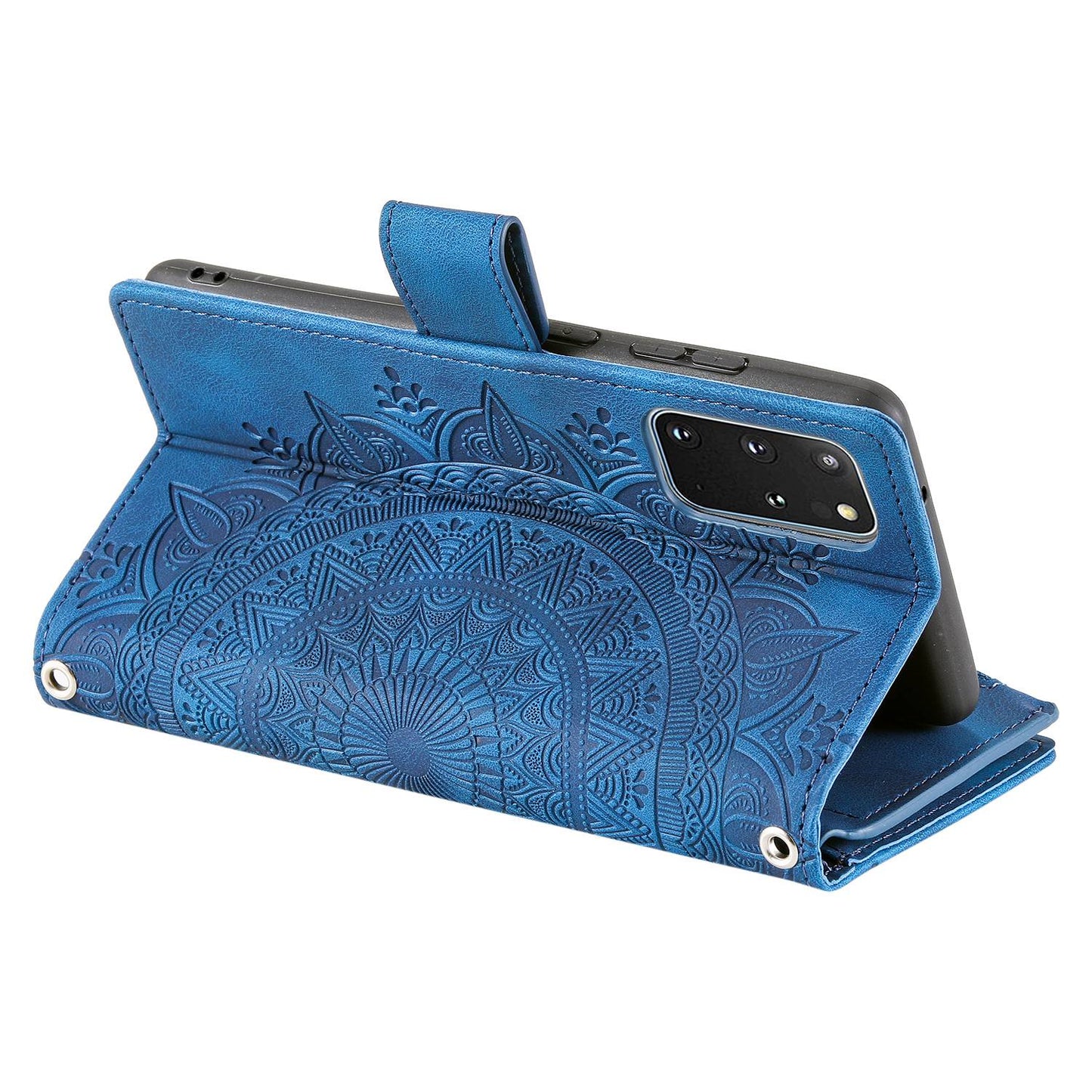 For Samsung Galaxy S20 Plus 4G / 5G Anti-scratch Phone Shell Zipper Pocket Mandala Flower Imprinted Multiple Card Slots Wallet PU Leather Stand Cover - Blue