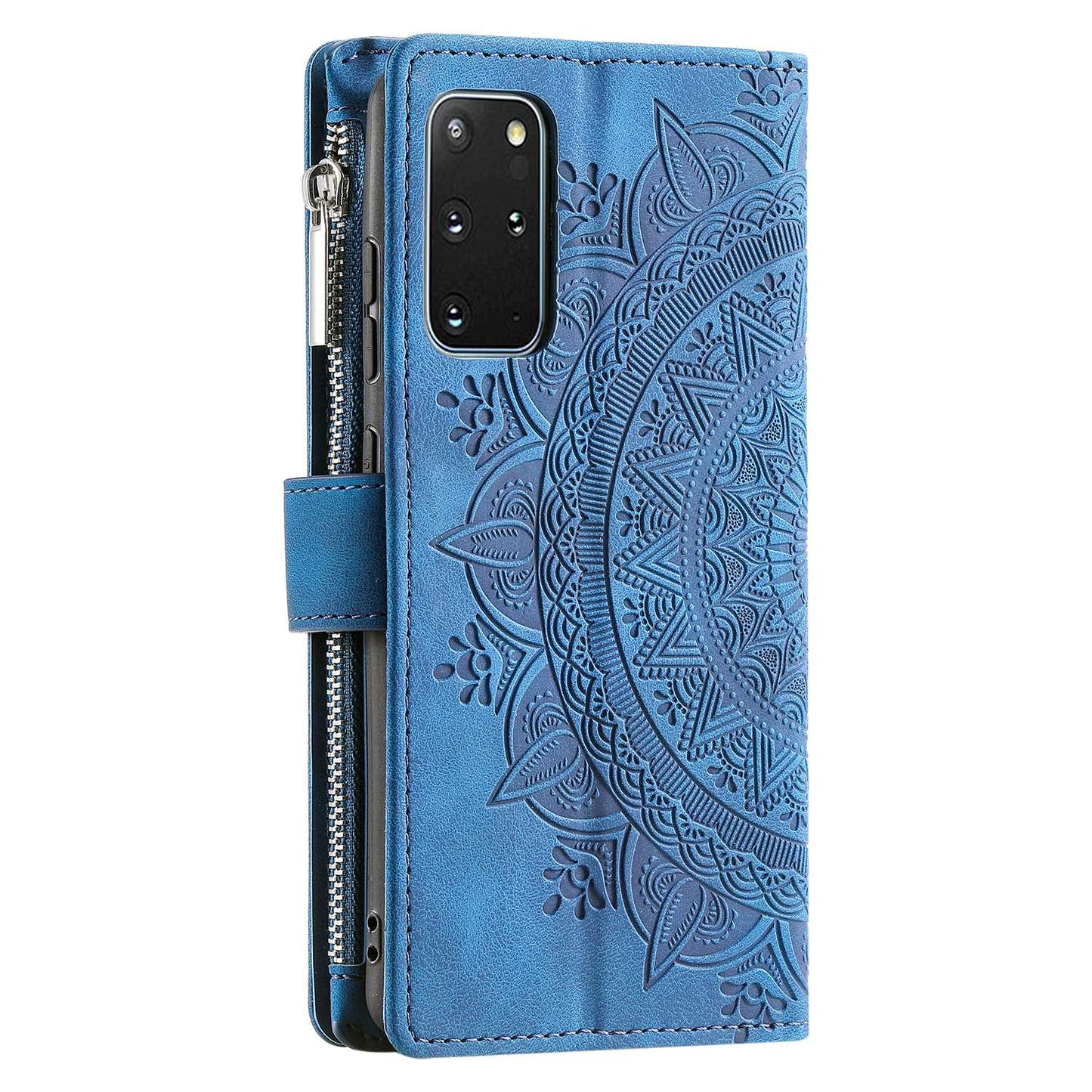 For Samsung Galaxy S20 Plus 4G / 5G Anti-scratch Phone Shell Zipper Pocket Mandala Flower Imprinted Multiple Card Slots Wallet PU Leather Stand Cover - Blue