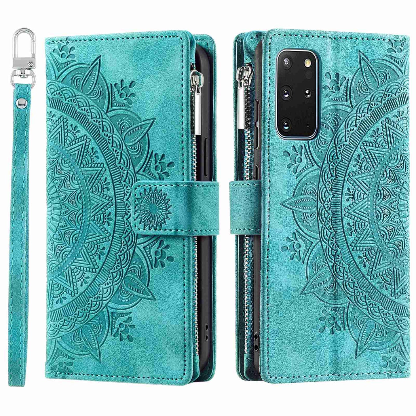 For Samsung Galaxy S20 Plus 4G / 5G Anti-scratch Phone Shell Zipper Pocket Mandala Flower Imprinted Multiple Card Slots Wallet PU Leather Stand Cover - Green