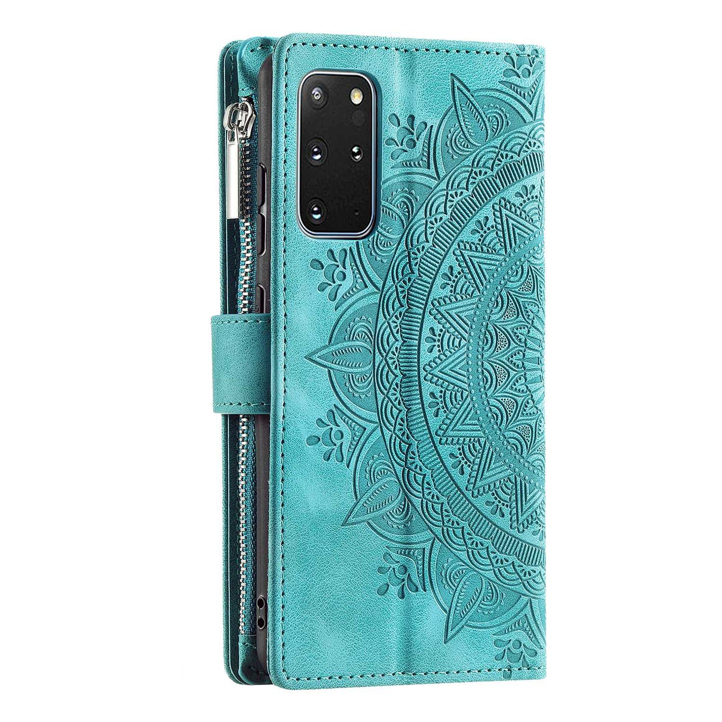 For Samsung Galaxy S20 Plus 4G / 5G Anti-scratch Phone Shell Zipper Pocket Mandala Flower Imprinted Multiple Card Slots Wallet PU Leather Stand Cover - Green