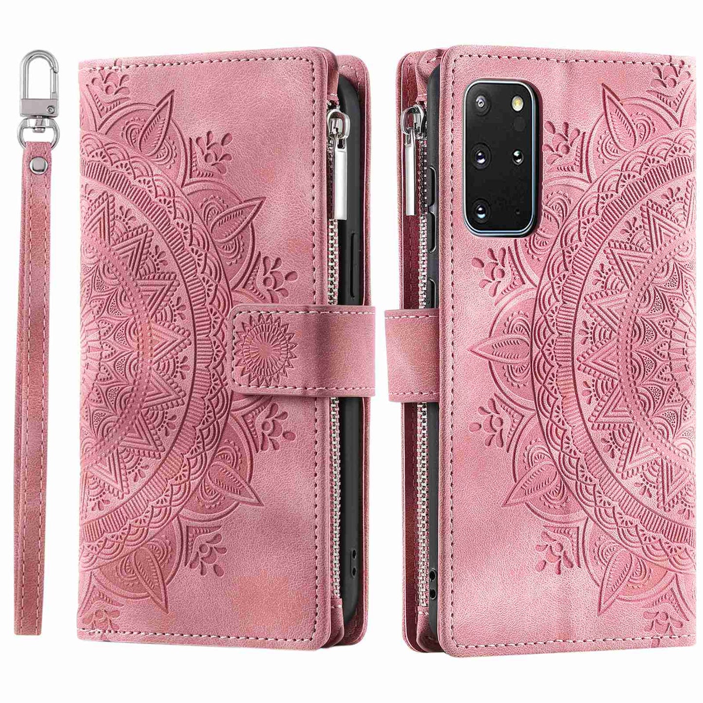 For Samsung Galaxy S20 Plus 4G / 5G Anti-scratch Phone Shell Zipper Pocket Mandala Flower Imprinted Multiple Card Slots Wallet PU Leather Stand Cover - Rose Gold