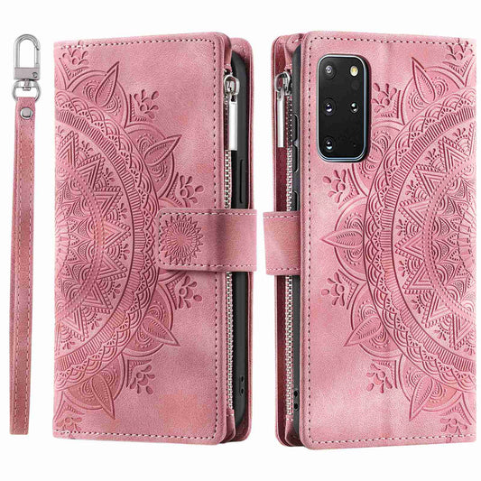 For Samsung Galaxy S20 Plus 4G / 5G Anti-scratch Phone Shell Zipper Pocket Mandala Flower Imprinted Multiple Card Slots Wallet PU Leather Stand Cover - Rose Gold