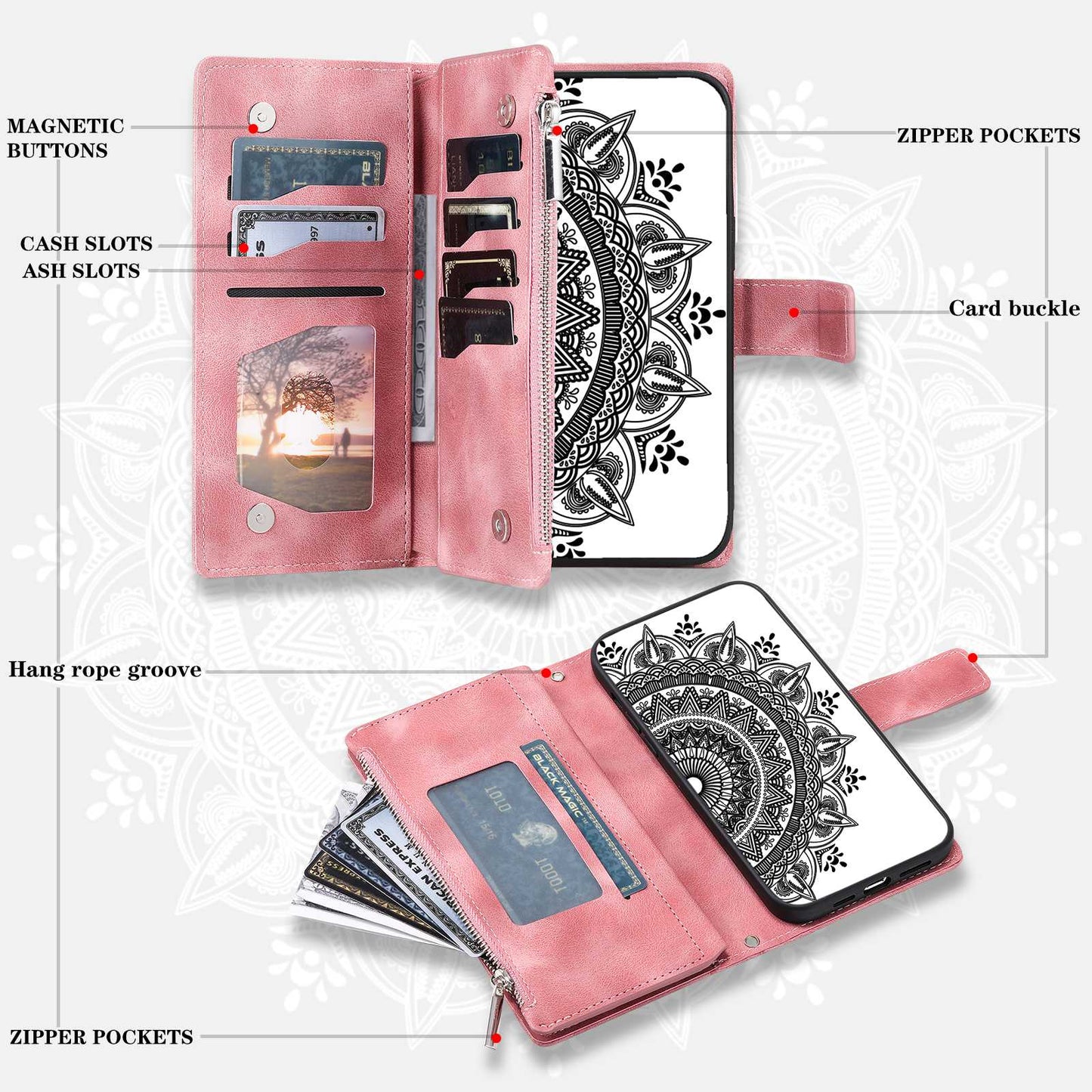 For Samsung Galaxy S20 Plus 4G / 5G Anti-scratch Phone Shell Zipper Pocket Mandala Flower Imprinted Multiple Card Slots Wallet PU Leather Stand Cover - Rose Gold
