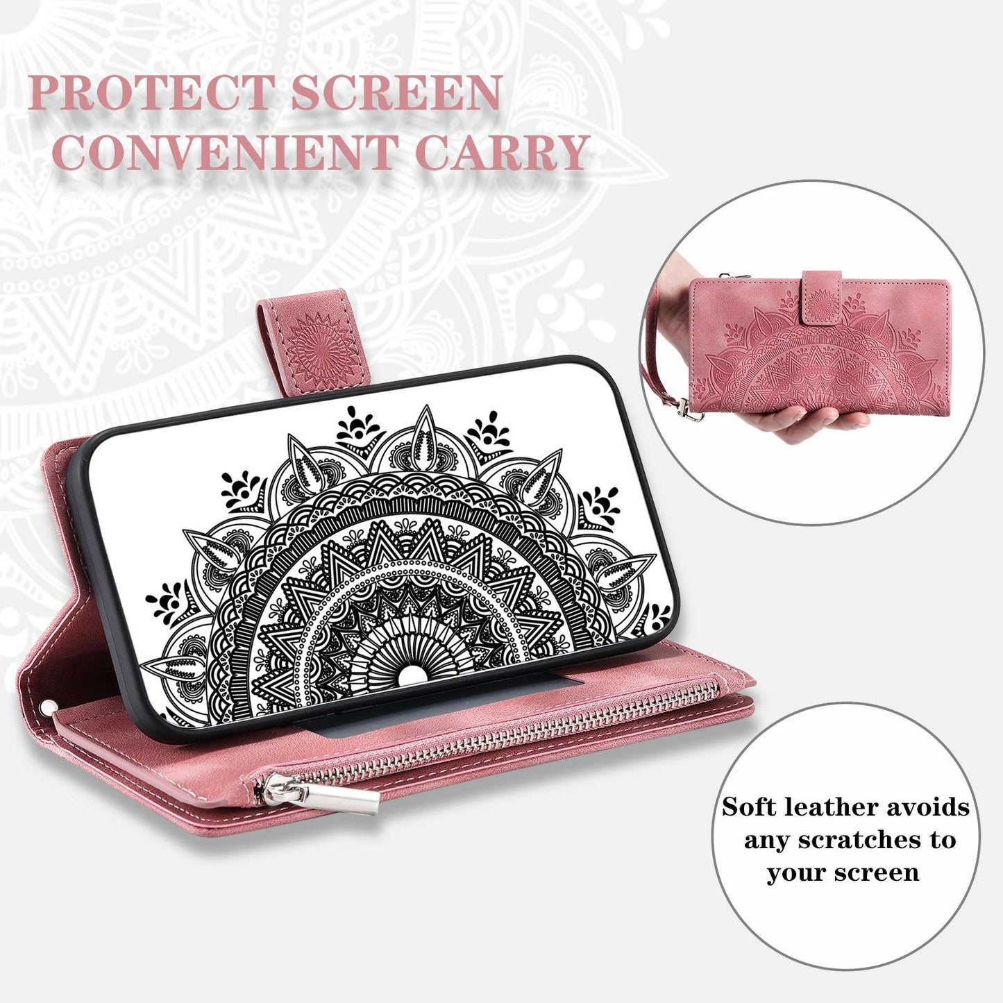 For Samsung Galaxy S20 Plus 4G / 5G Anti-scratch Phone Shell Zipper Pocket Mandala Flower Imprinted Multiple Card Slots Wallet PU Leather Stand Cover - Rose Gold
