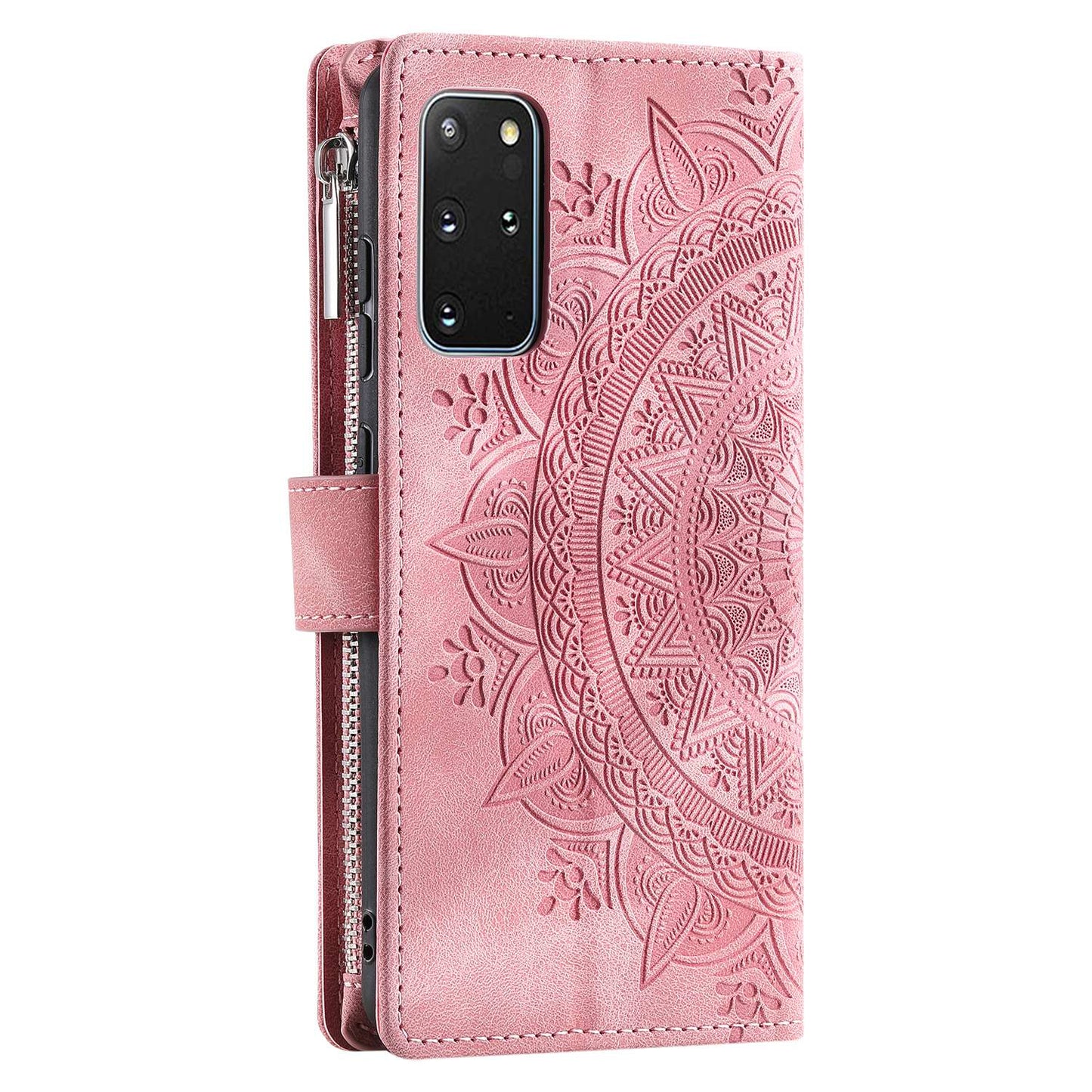 For Samsung Galaxy S20 Plus 4G / 5G Anti-scratch Phone Shell Zipper Pocket Mandala Flower Imprinted Multiple Card Slots Wallet PU Leather Stand Cover - Rose Gold