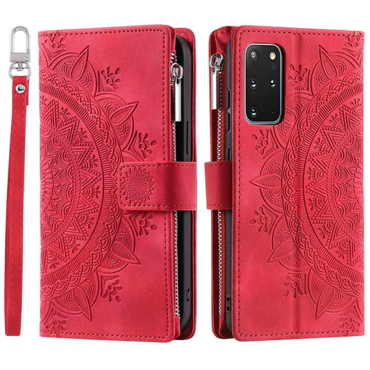 For Samsung Galaxy S20 Plus 4G / 5G Anti-scratch Phone Shell Zipper Pocket Mandala Flower Imprinted Multiple Card Slots Wallet PU Leather Stand Cover - Rose