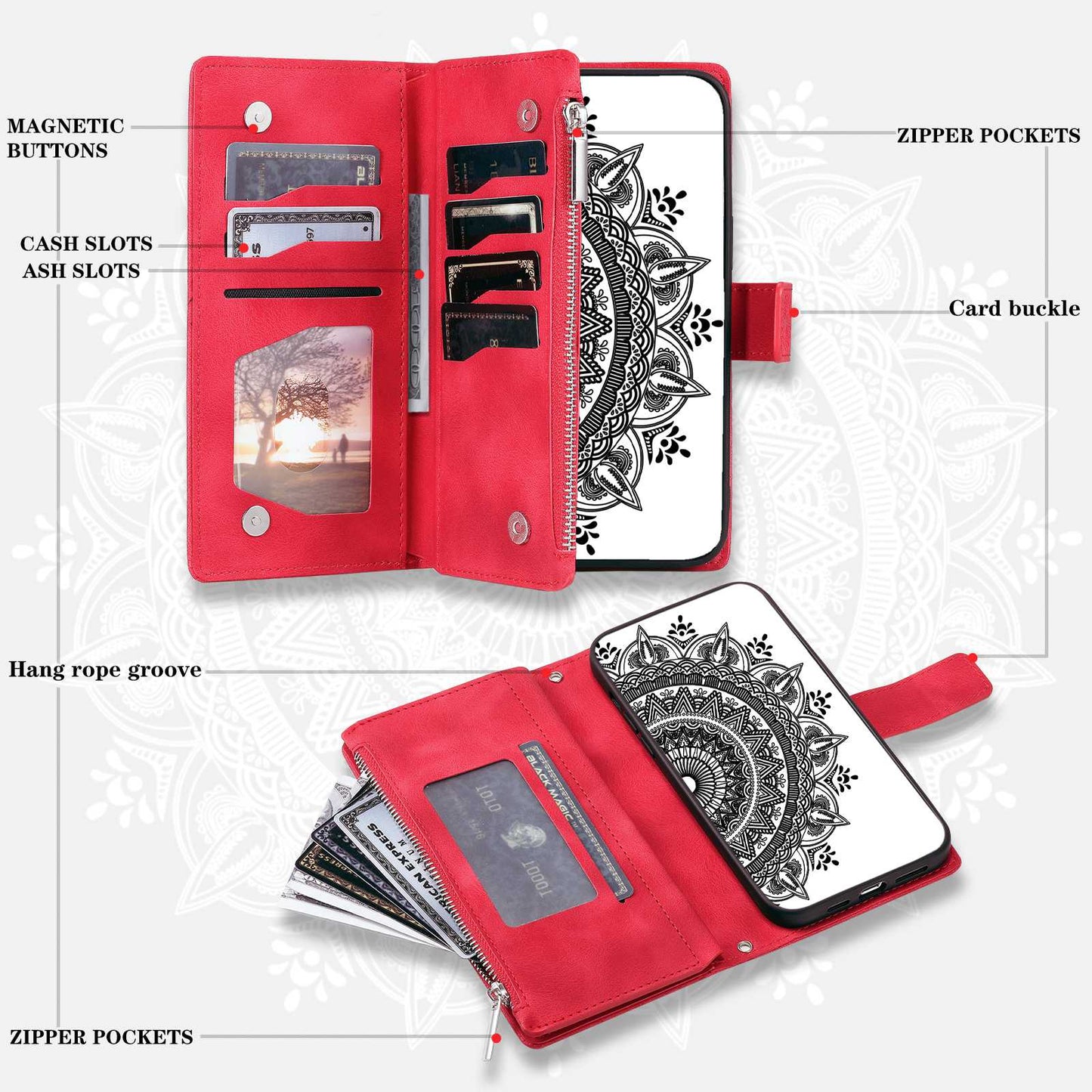 For Samsung Galaxy S20 Plus 4G / 5G Anti-scratch Phone Shell Zipper Pocket Mandala Flower Imprinted Multiple Card Slots Wallet PU Leather Stand Cover - Rose