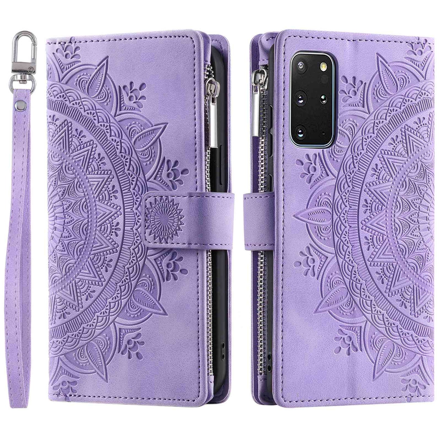 For Samsung Galaxy S20 Plus 4G / 5G Anti-scratch Phone Shell Zipper Pocket Mandala Flower Imprinted Multiple Card Slots Wallet PU Leather Stand Cover - Purple