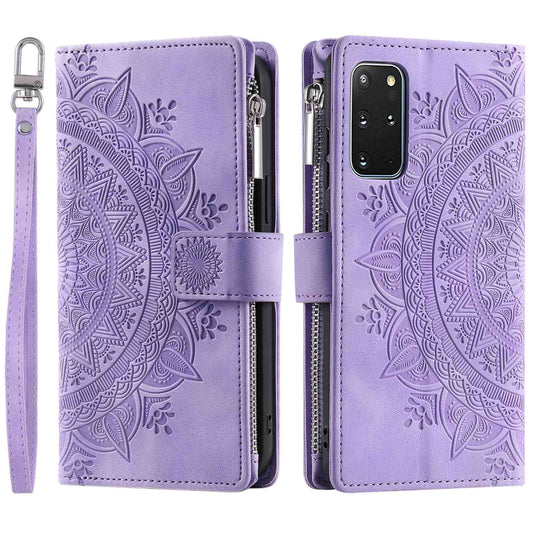 For Samsung Galaxy S20 Plus 4G / 5G Anti-scratch Phone Shell Zipper Pocket Mandala Flower Imprinted Multiple Card Slots Wallet PU Leather Stand Cover - Purple