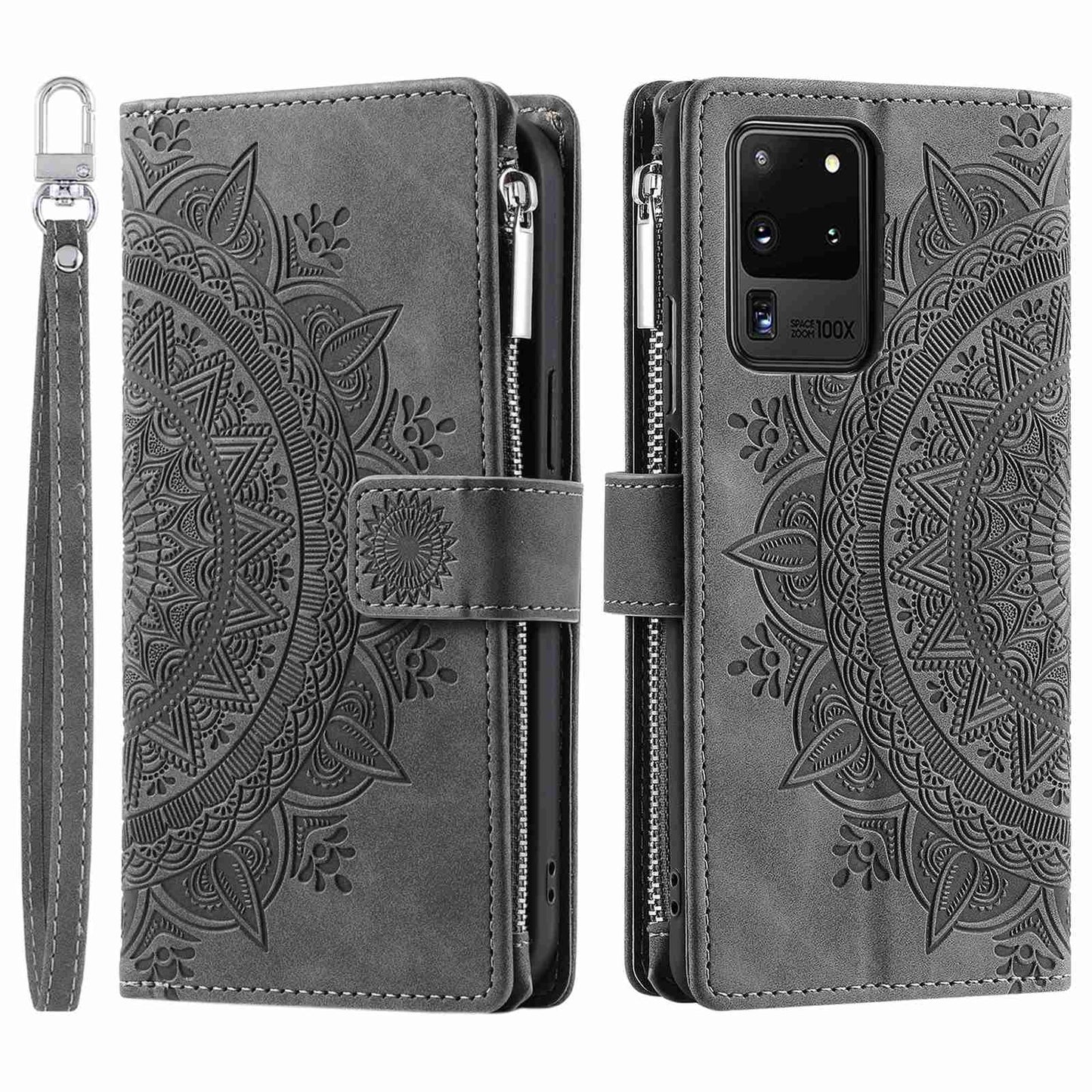 For Samsung Galaxy S20 Ultra Mandala Flower Imprinted  Zipper Pocket Phone Case PU Leather Stand Cover Multiple Card Slots Wallet - Grey