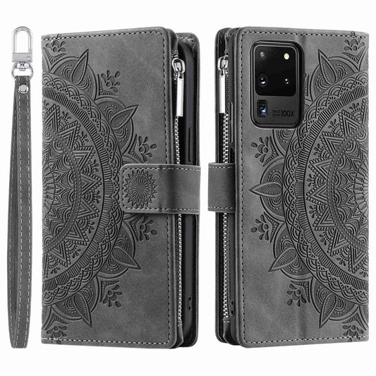 For Samsung Galaxy S20 Ultra Mandala Flower Imprinted  Zipper Pocket Phone Case PU Leather Stand Cover Multiple Card Slots Wallet - Grey