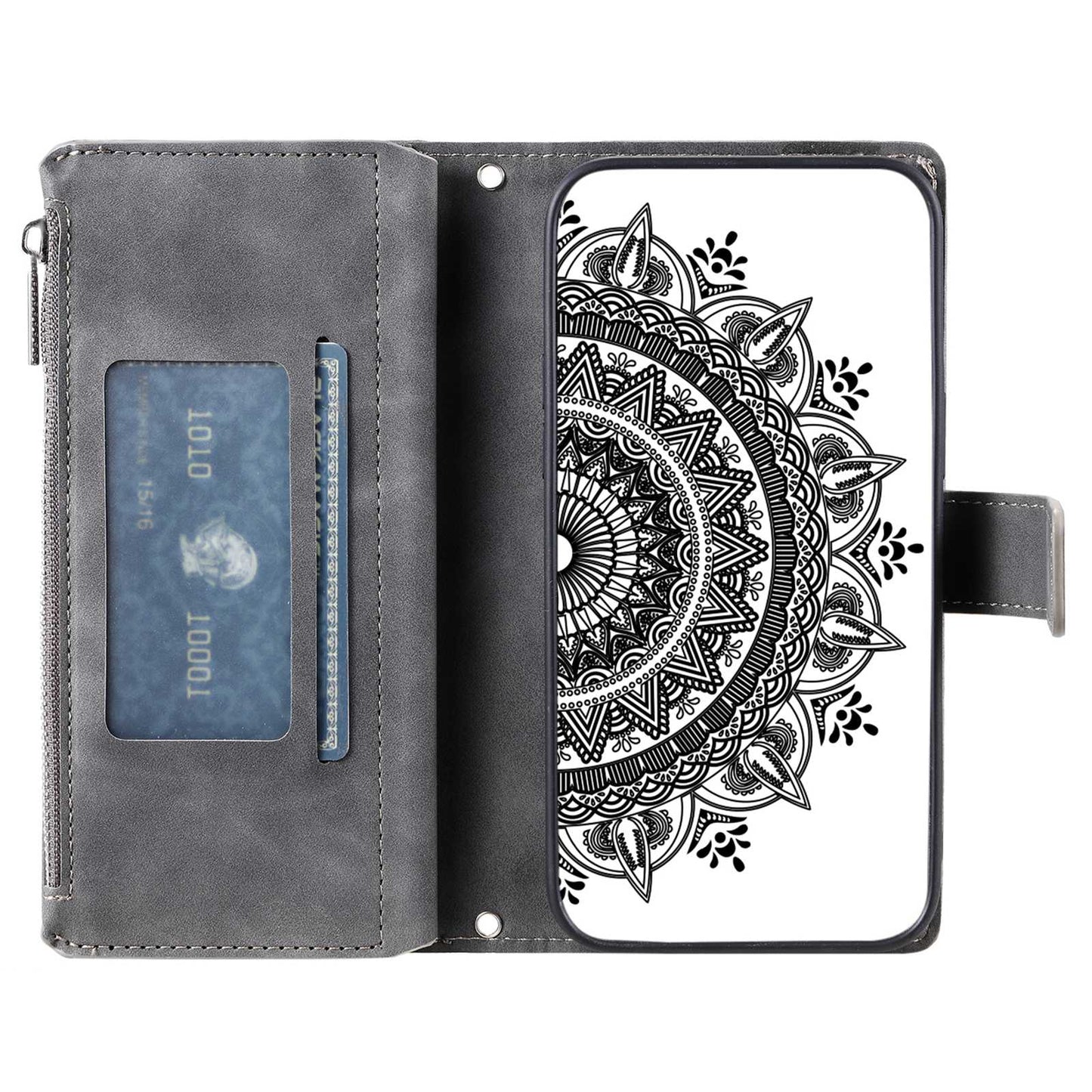 For Samsung Galaxy S20 Ultra Mandala Flower Imprinted  Zipper Pocket Phone Case PU Leather Stand Cover Multiple Card Slots Wallet - Grey