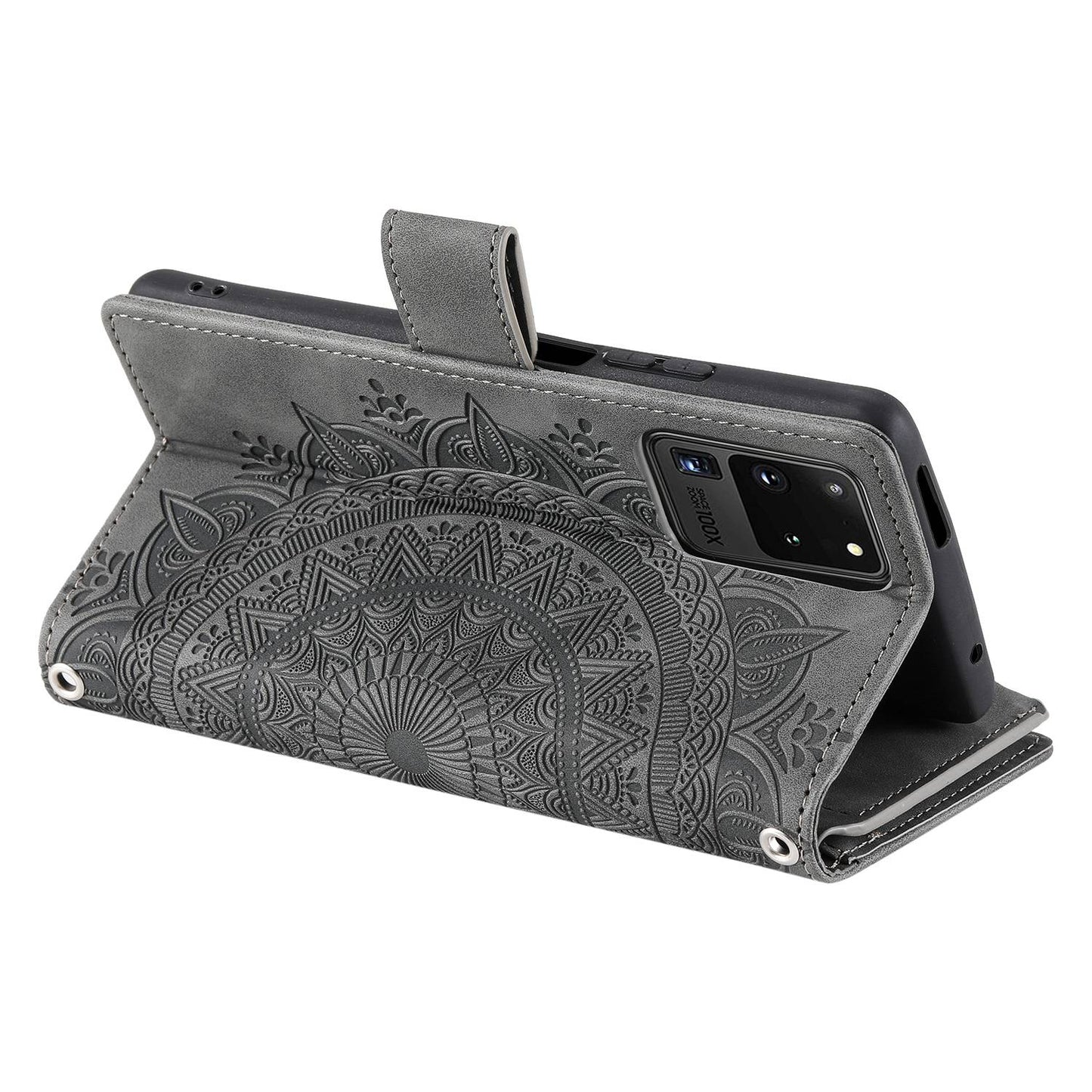 For Samsung Galaxy S20 Ultra Mandala Flower Imprinted  Zipper Pocket Phone Case PU Leather Stand Cover Multiple Card Slots Wallet - Grey