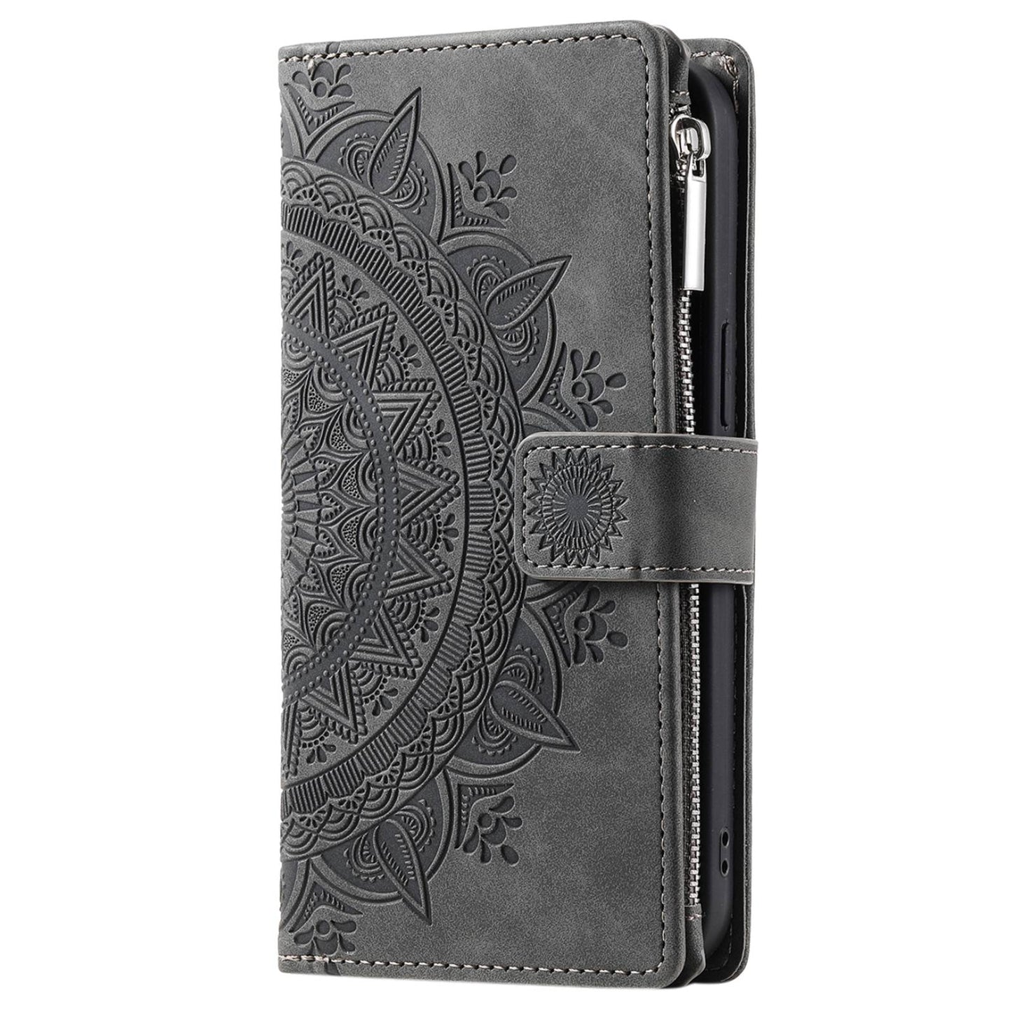 For Samsung Galaxy S20 Ultra Mandala Flower Imprinted  Zipper Pocket Phone Case PU Leather Stand Cover Multiple Card Slots Wallet - Grey