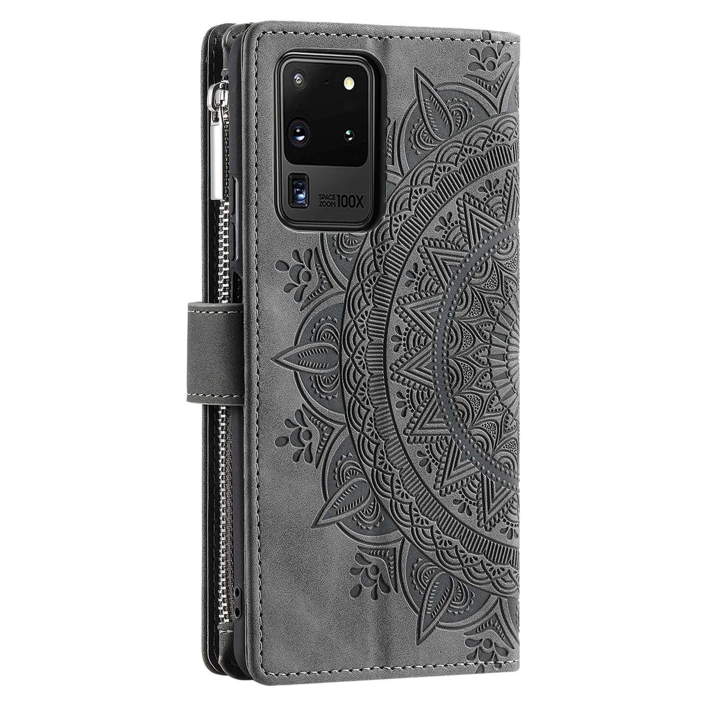 For Samsung Galaxy S20 Ultra Mandala Flower Imprinted  Zipper Pocket Phone Case PU Leather Stand Cover Multiple Card Slots Wallet - Grey