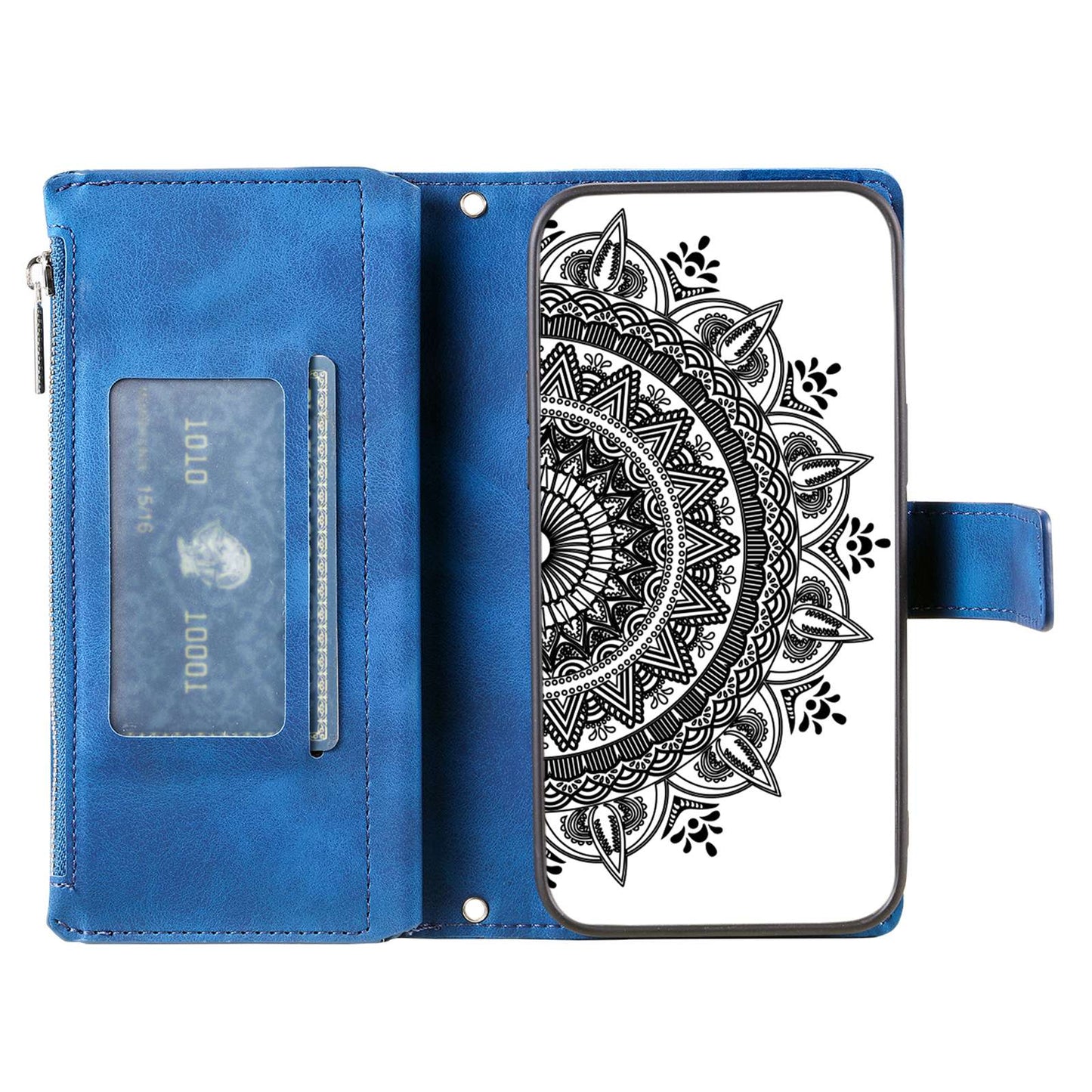 For Samsung Galaxy S20 Ultra Mandala Flower Imprinted  Zipper Pocket Phone Case PU Leather Stand Cover Multiple Card Slots Wallet - Blue