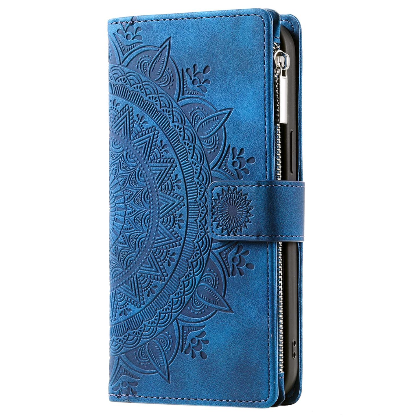 For Samsung Galaxy S20 Ultra Mandala Flower Imprinted  Zipper Pocket Phone Case PU Leather Stand Cover Multiple Card Slots Wallet - Blue