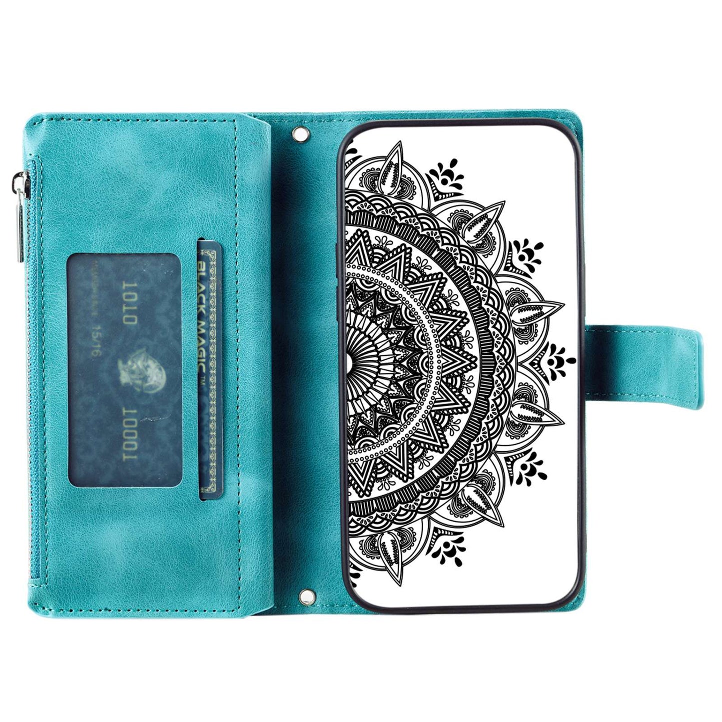 For Samsung Galaxy S20 Ultra Mandala Flower Imprinted  Zipper Pocket Phone Case PU Leather Stand Cover Multiple Card Slots Wallet - Green