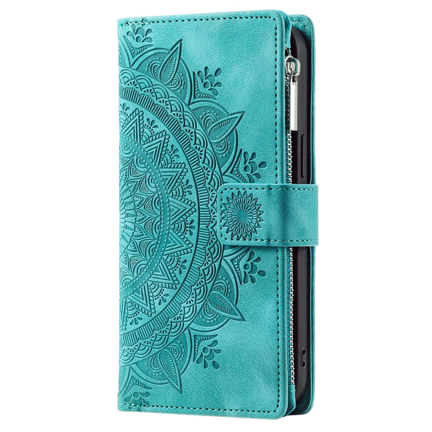 For Samsung Galaxy S20 Ultra Mandala Flower Imprinted  Zipper Pocket Phone Case PU Leather Stand Cover Multiple Card Slots Wallet - Green