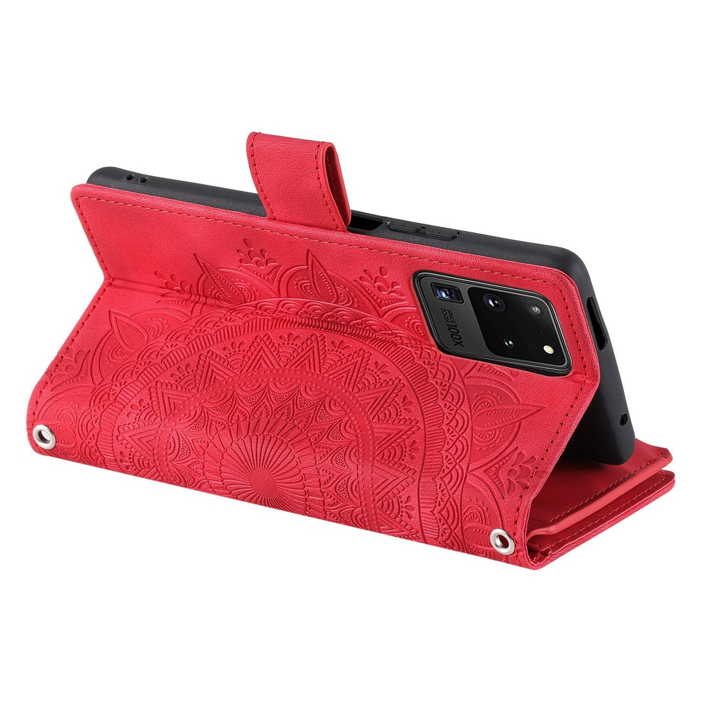 For Samsung Galaxy S20 Ultra Mandala Flower Imprinted  Zipper Pocket Phone Case PU Leather Stand Cover Multiple Card Slots Wallet - Rose