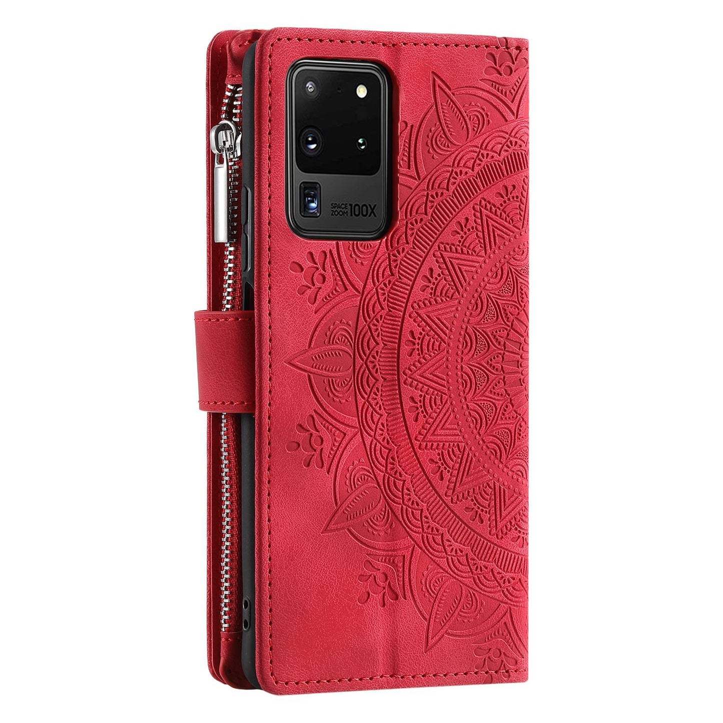 For Samsung Galaxy S20 Ultra Mandala Flower Imprinted  Zipper Pocket Phone Case PU Leather Stand Cover Multiple Card Slots Wallet - Rose