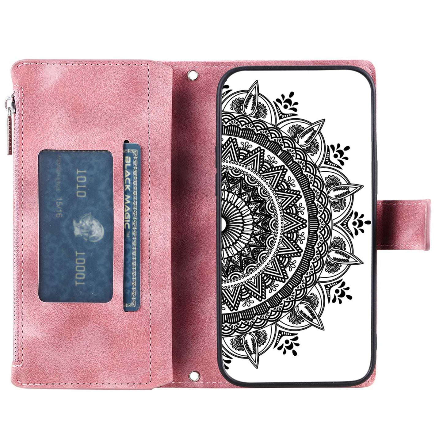 For Samsung Galaxy S20 Ultra Mandala Flower Imprinted  Zipper Pocket Phone Case PU Leather Stand Cover Multiple Card Slots Wallet - Rose Gold