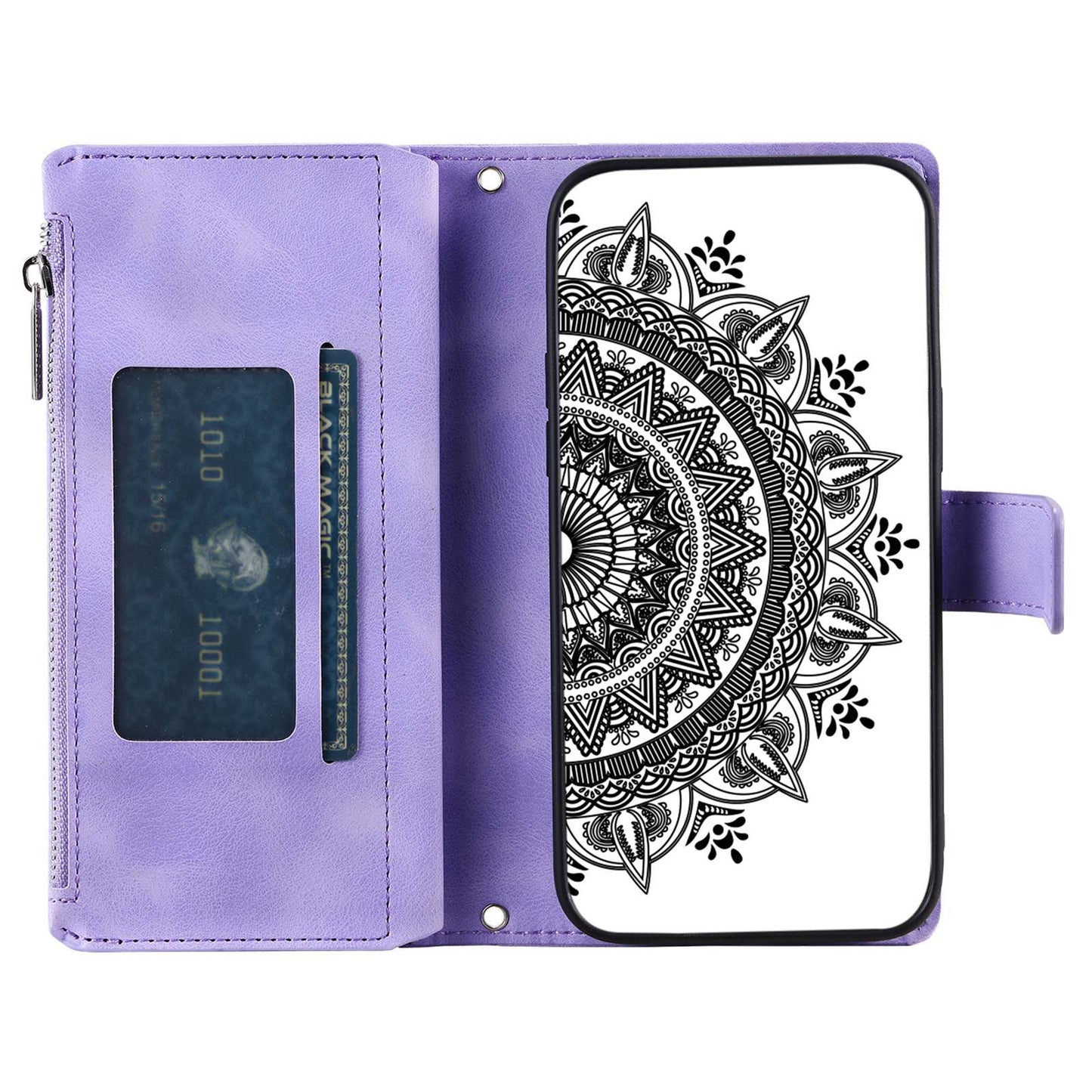 For Samsung Galaxy S20 Ultra Mandala Flower Imprinted  Zipper Pocket Phone Case PU Leather Stand Cover Multiple Card Slots Wallet - Purple