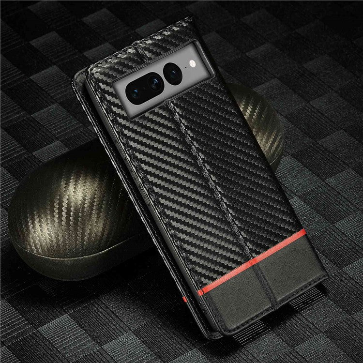 LC.IMEEKE for Google Pixel 7 Pro 5G Carbon Fiber Texture PU Leather Flip Folio Case Stand Magnetic Absorption Wallet Phone Cover - Horizontal Stripe