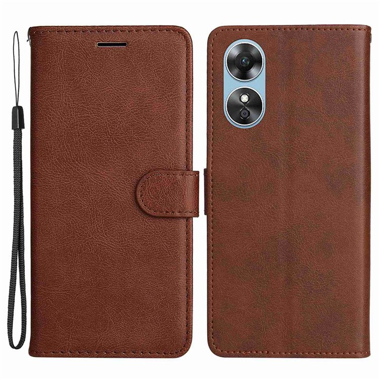 KT Leather Series-2 for Oppo A17 4G / A17k 4G Solid Color PU Leather Case Magnetic Clasp Phone Stand Wallet Cover with Strap - Brown