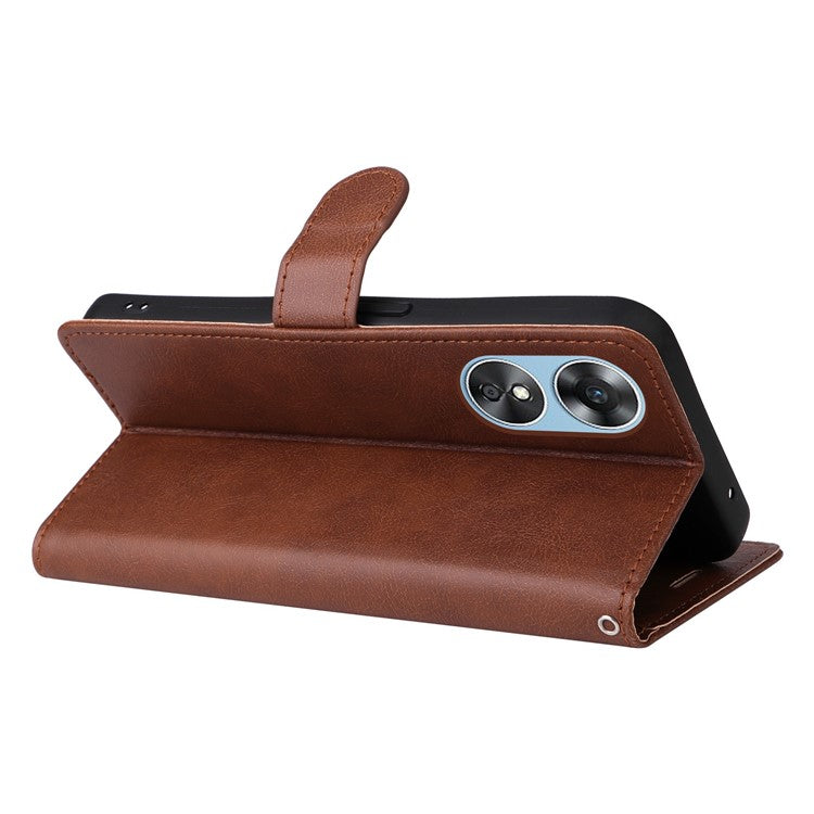 KT Leather Series-2 for Oppo A17 4G / A17k 4G Solid Color PU Leather Case Magnetic Clasp Phone Stand Wallet Cover with Strap - Brown