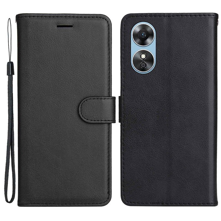 KT Leather Series-2 for Oppo A17 4G / A17k 4G Solid Color PU Leather Case Magnetic Clasp Phone Stand Wallet Cover with Strap - Black