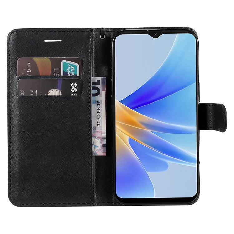 KT Leather Series-2 for Oppo A17 4G / A17k 4G Solid Color PU Leather Case Magnetic Clasp Phone Stand Wallet Cover with Strap - Black