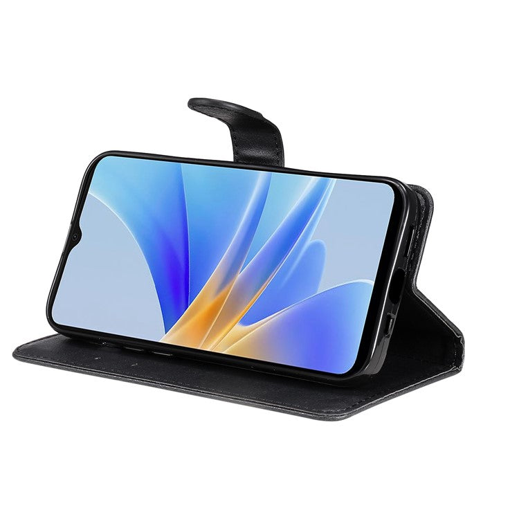 KT Leather Series-2 for Oppo A17 4G / A17k 4G Solid Color PU Leather Case Magnetic Clasp Phone Stand Wallet Cover with Strap - Black
